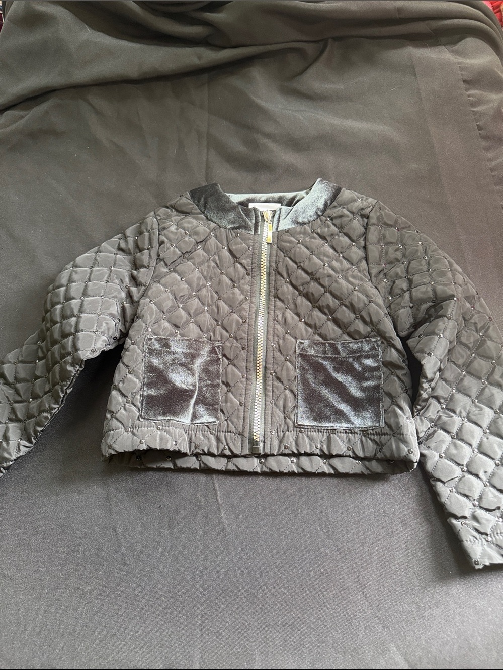 Girls' Quilted Black Puffer Jacket with Velvet Pockets